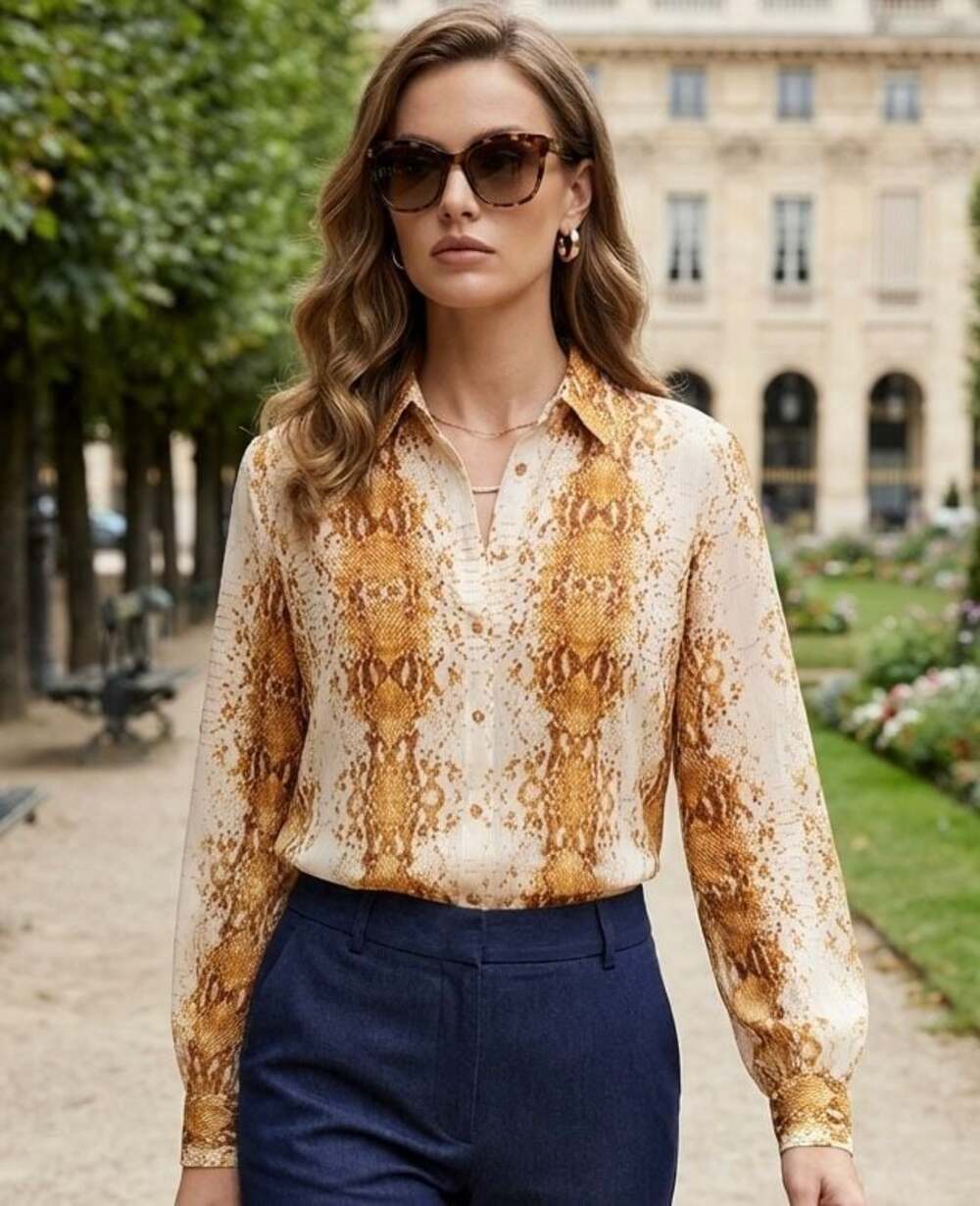 Rachel Zoe Snake Print Button Down Long Sleeve Blouse Size L - EK